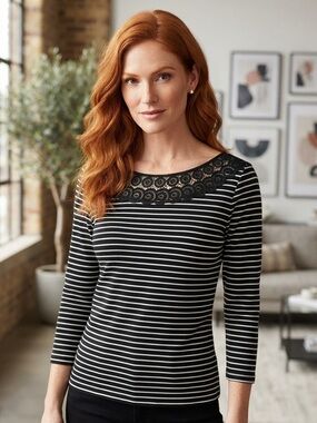 Chaps Black and White Striped Lace-Yoke Long Sleeve Top 100% cotton